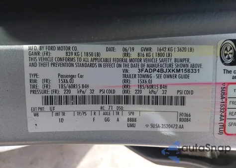 2019 Ford Fiesta Se z USA, uszkodzony, nr VIN 3FADP4BJXKM158331